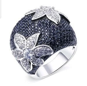Cz black and silver spring flower ring!